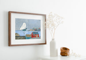 Snowy Owl Winter Coastal Print, New England Seascape Painting, Fishing Town Illustration