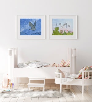 Flying Owl and Milky Way Print, Kids Room Decor