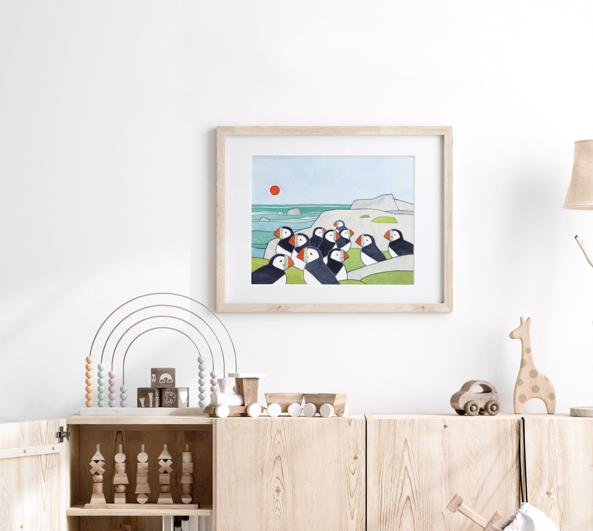 Puffin Colony Art Print, Whimsical Bird Illustration Wall Decor, Puffin Rock