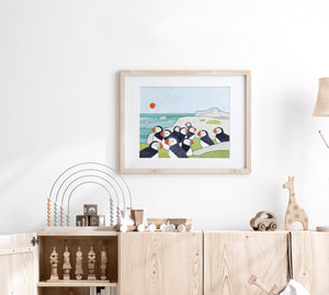 Puffin Colony Art Print, Whimsical Bird Illustration Wall Decor, Puffin Rock