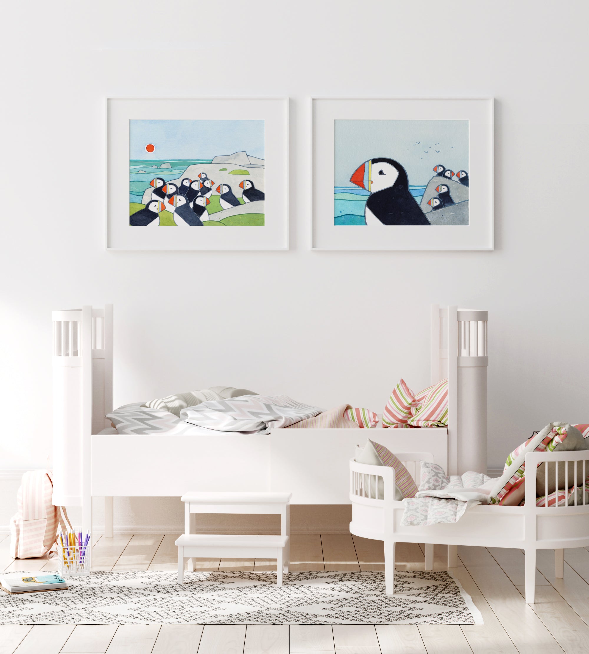 Puffin Colony Art Print, Whimsical Bird Illustration Wall Decor, Puffin Rock
