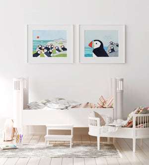 Puffin Colony Art Print, Whimsical Bird Illustration Wall Decor, Puffin Rock