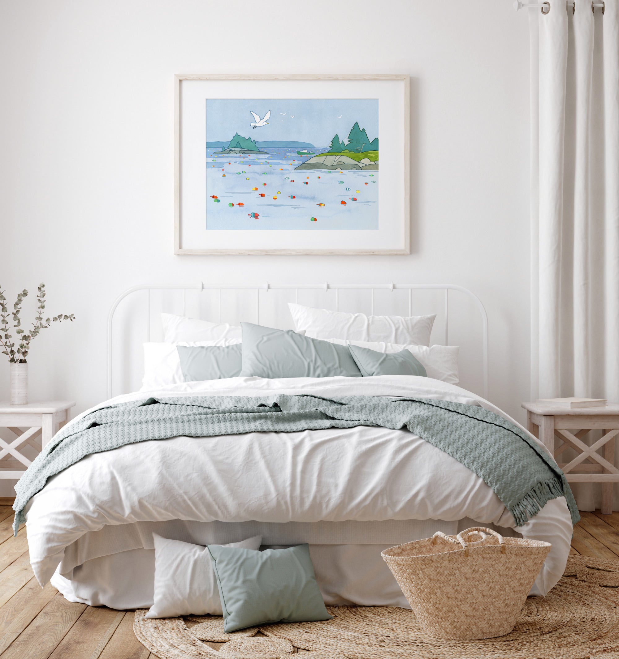 Maine Seascape Art Print, Lobster Buoys Whimsical Coastal Wall Decor, Nautical New England Landscape