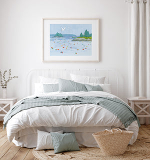 Maine Seascape Art Print, Lobster Buoys Whimsical Coastal Wall Decor, Nautical New England Landscape