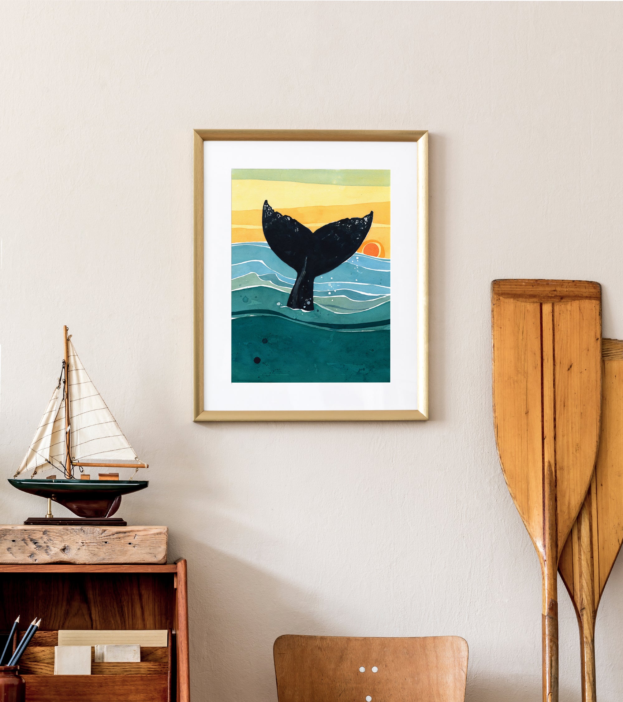 Whale Tail Sunset Art Print, Nautical Ocean Watercolor Art
